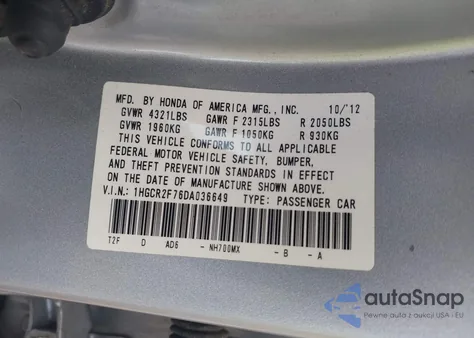 2013 Honda Accord Ex z USA, uszkodzony, nr VIN 1HGCR2F76DA036649